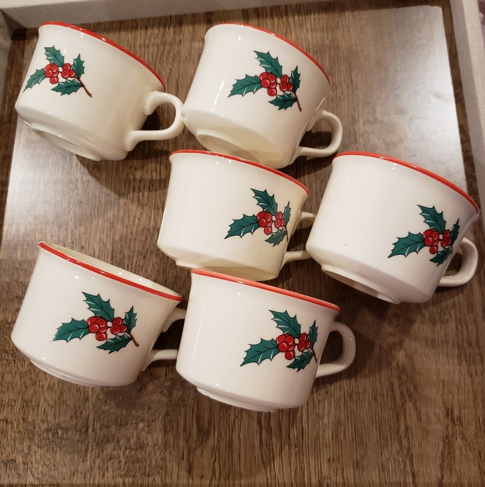 Taylor and Smith 6-Holly & berries Christmas cups. 2&1/2" tall and 3&1/2 wide